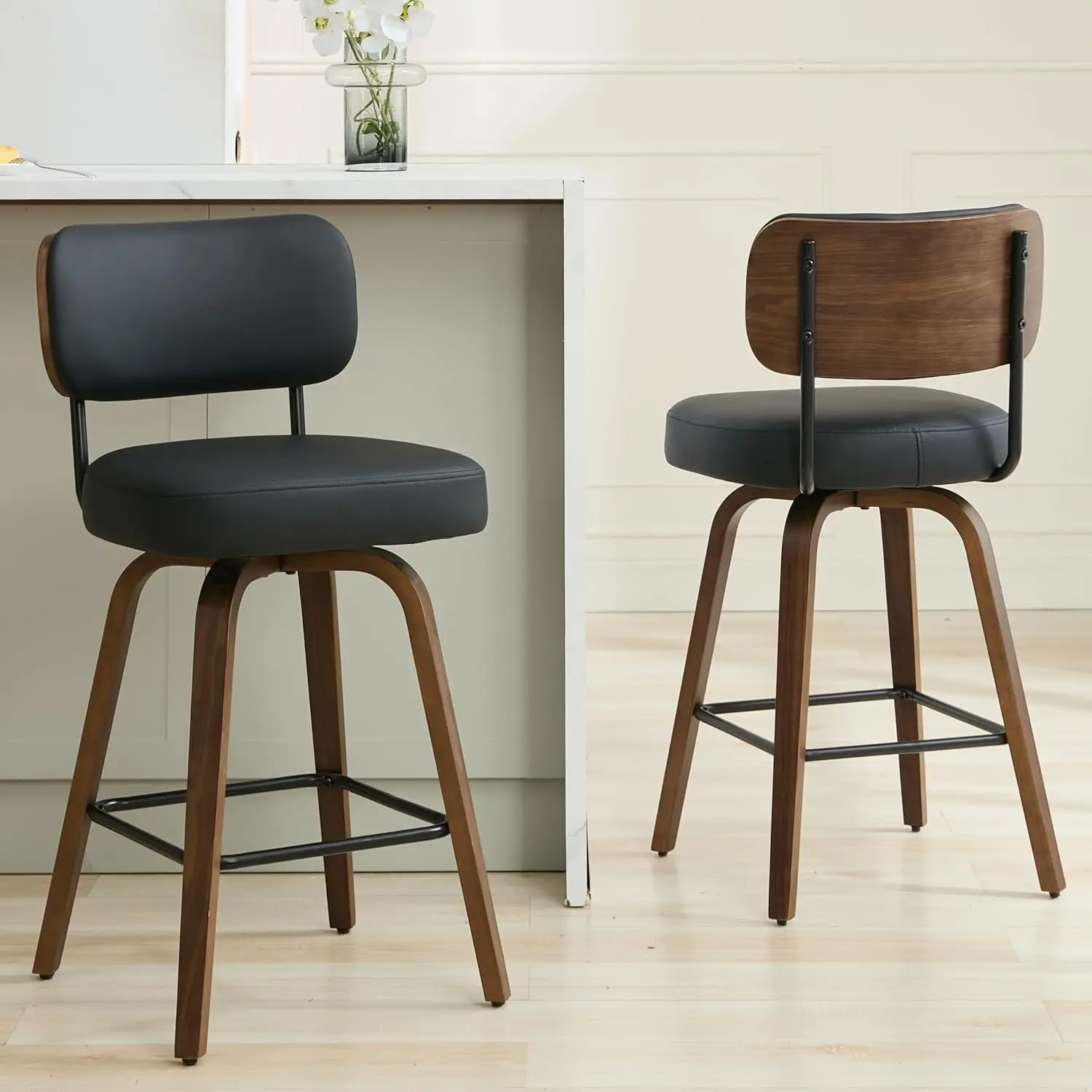 Swivel Bar Stools Set of 2, 26" Upholstered Counter Height Bar Stools with Back and Walnut Wood Legs, Faux Leather, Customized
Swivel Bar Stools Set of 2, 26" Upholstered Counter Height Bar Stools with Back and Walnut Wood Legs, Faux Leather, Customized
