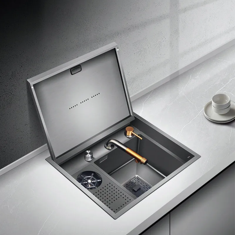 Smart 304 stainless steel single bowl kitchen sink bottom ultrasonic black hidden apron front with square bowl
Smart 304 stainless steel single bowl kitchen sink bottom ultrasonic black hidden apron front with square bowl