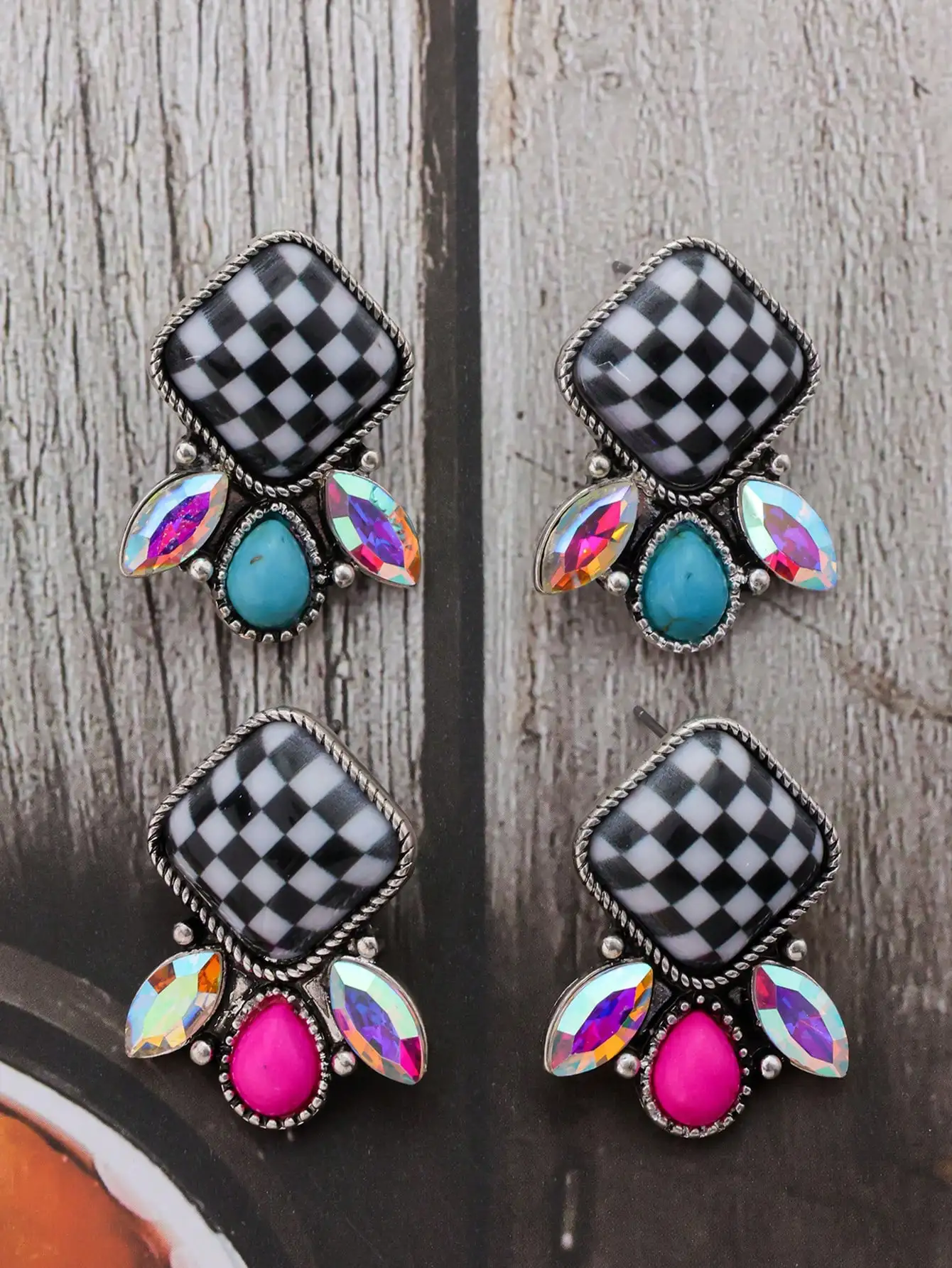 Black & White Checkerboard Asymmetrical Stud Earrings with Iridescent & Turquoise Stones for Women
Black & White Checkerboard Asymmetrical Stud Earrings with Iridescent & Turquoise Stones for Women