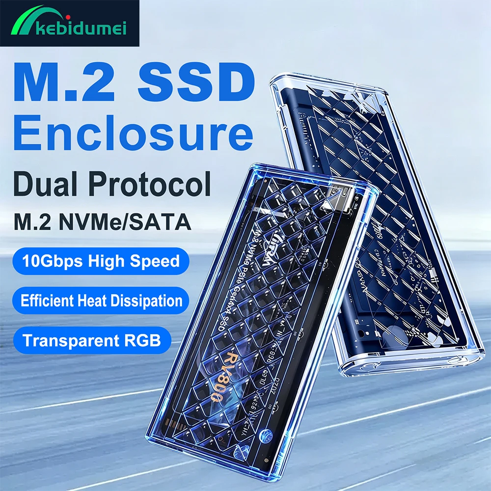 Kebidumei M.2 SATA NVMe SSD CASE 10Gbps External Enclosure Adapter USB3.2 Transparent RGB Light Hard Drive Box for M Key M&B Key