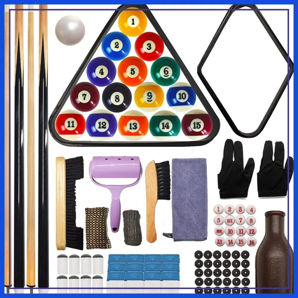 95pcs Pool Table Accessories Set - Balls, Triangle, Rack, Cue, Chalk, Tips, Stickers, Cloth, Brush & Cleaner