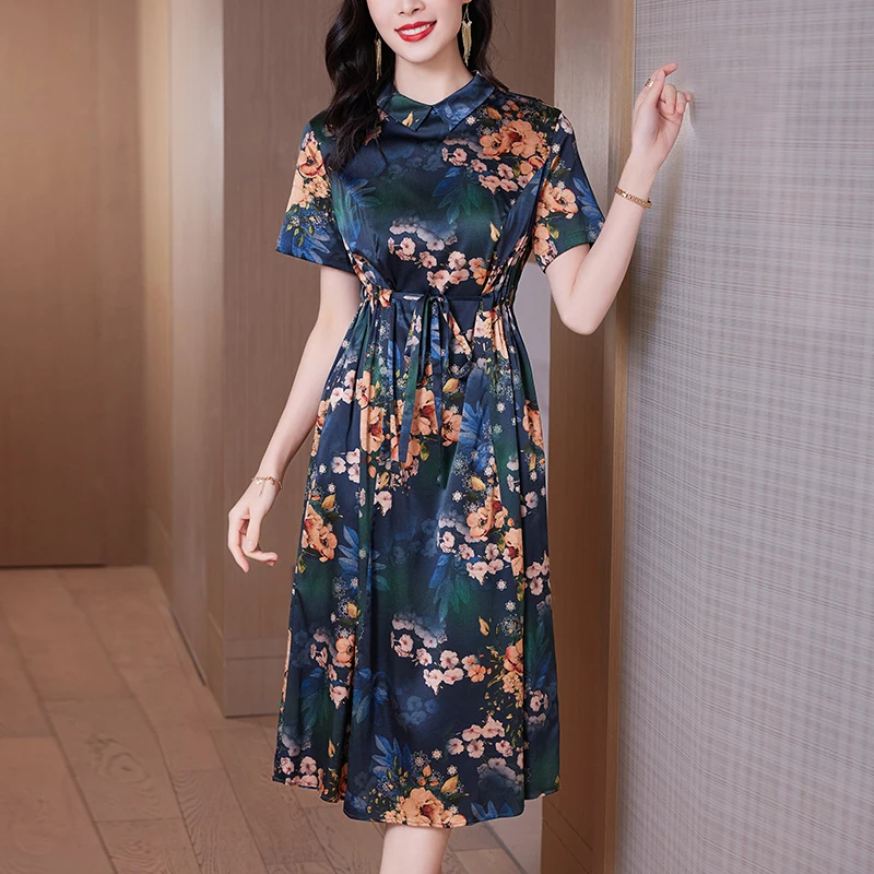 Summer Women's Real Silk Satin Dresses Elegant Turn-down Collar Short Sleeve Floral Print Dress A-line Woman Long Midi Dress
Summer Women's Real Silk Satin Dresses Elegant Turn-down Collar Short Sleeve Floral Print Dress A-line Woman Long Midi Dress