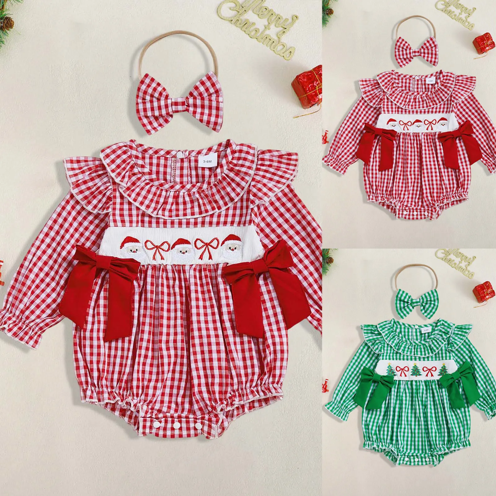 Baby Girl Autumn Outfit Set Adorable Christmas Embroidered Gingham Long Sleeve Romper And Headband Two Piece Set ropa de bebé
Baby Girl Autumn Outfit Set Adorable Christmas Embroidered Gingham Long Sleeve Romper And Headband Two Piece Set ropa de bebé