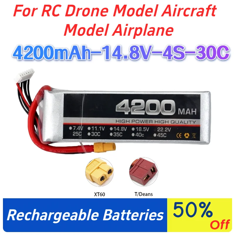 Аккумулятор LiPo 4200 мАч 14.8В 4S 30C с разъемами XT60-T и Deans для радиоуправляемых дронов, моделей самолетов и радиоуправляемых моделей, перезаряжаемые литий-ионные батареи
Аккумулятор LiPo 4200 мАч 14.8В 4S 30C с разъемами XT60-T и Deans для радиоуправляемых дронов, моделей самолетов и радиоуправляемых моделей, перезаряжаемые литий-ионные батареи