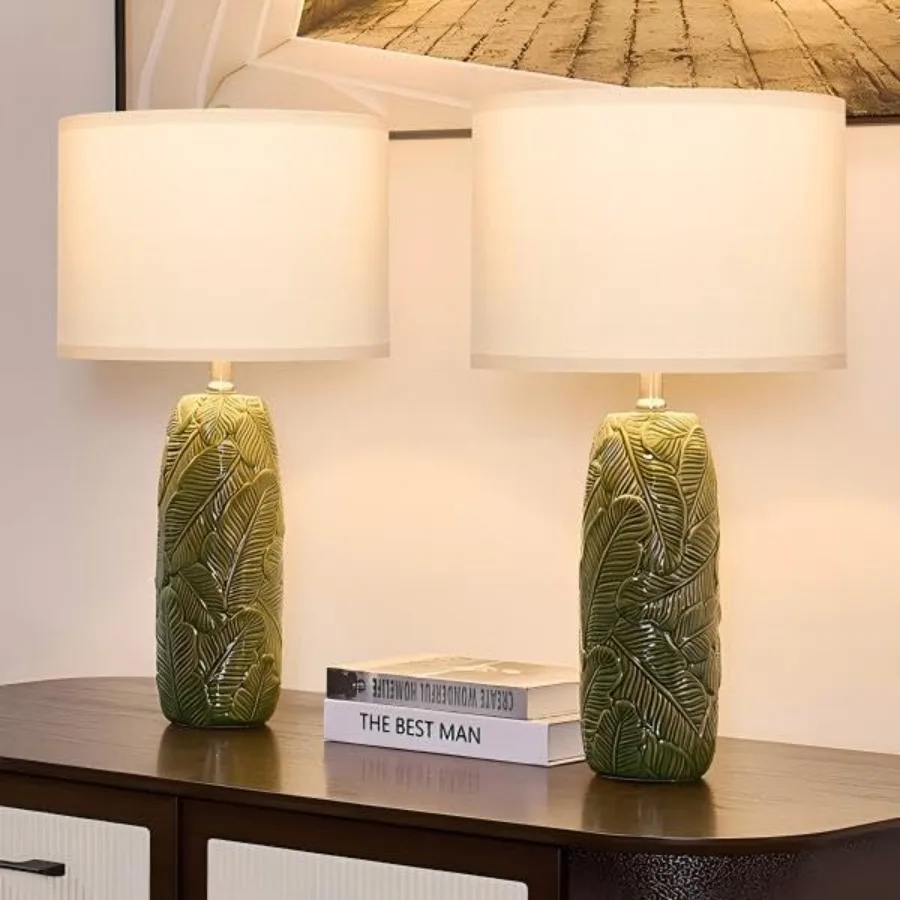 25" Green Ceramic Table Lamps Set of 2, Leaf Embossed Modern Farmhouse Bedside Lamps with White Linen Shade for Bedroom, Living
25" Green Ceramic Table Lamps Set of 2, Leaf Embossed Modern Farmhouse Bedside Lamps with White Linen Shade for Bedroom, Living