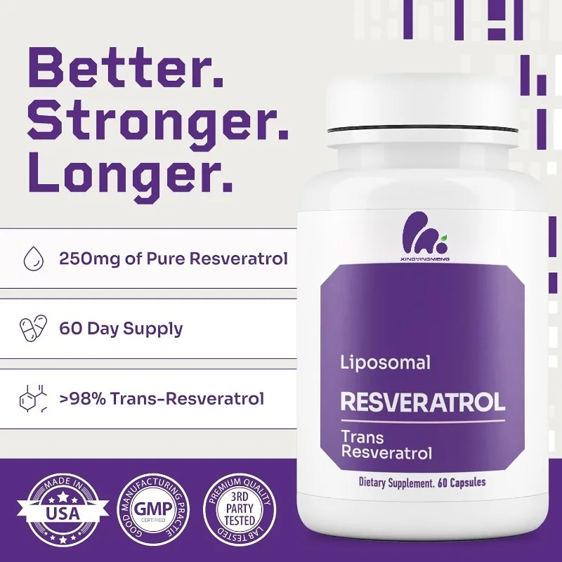 High purity liposome trans resveratrol supplement each 250mg capsule contains over 98% pure resveratrol for antioxidant support
High purity liposome trans resveratrol supplement each 250mg capsule contains over 98% pure resveratrol for antioxidant support