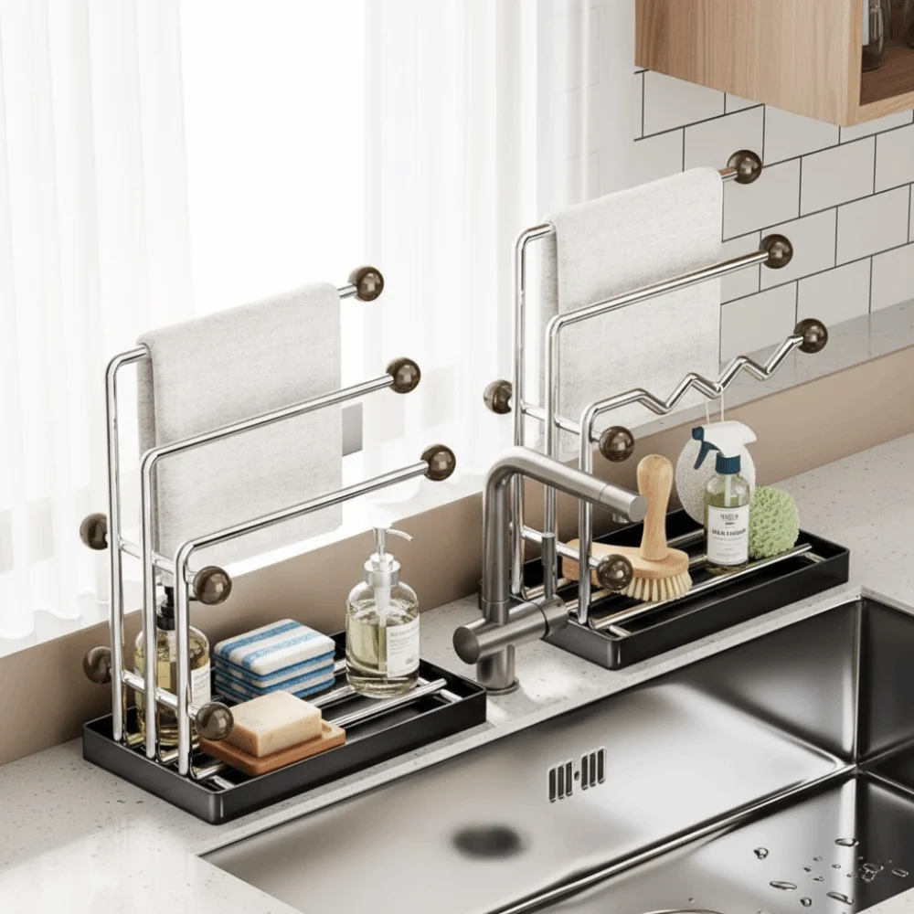 Stainless Steel Kitchen Rag Drying Rack Anti-rust with Drainage Tray Sponge Dishcloth Towel Holder Multi-functional
