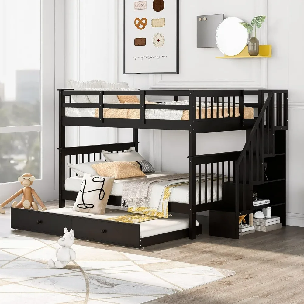 Full Over Full Bunk Bed with Trundle & Stairs, Wooden Full Size Bunk Bed Frame with Storage,for Kids Teens Adults
Full Over Full Bunk Bed with Trundle & Stairs, Wooden Full Size Bunk Bed Frame with Storage,for Kids Teens Adults