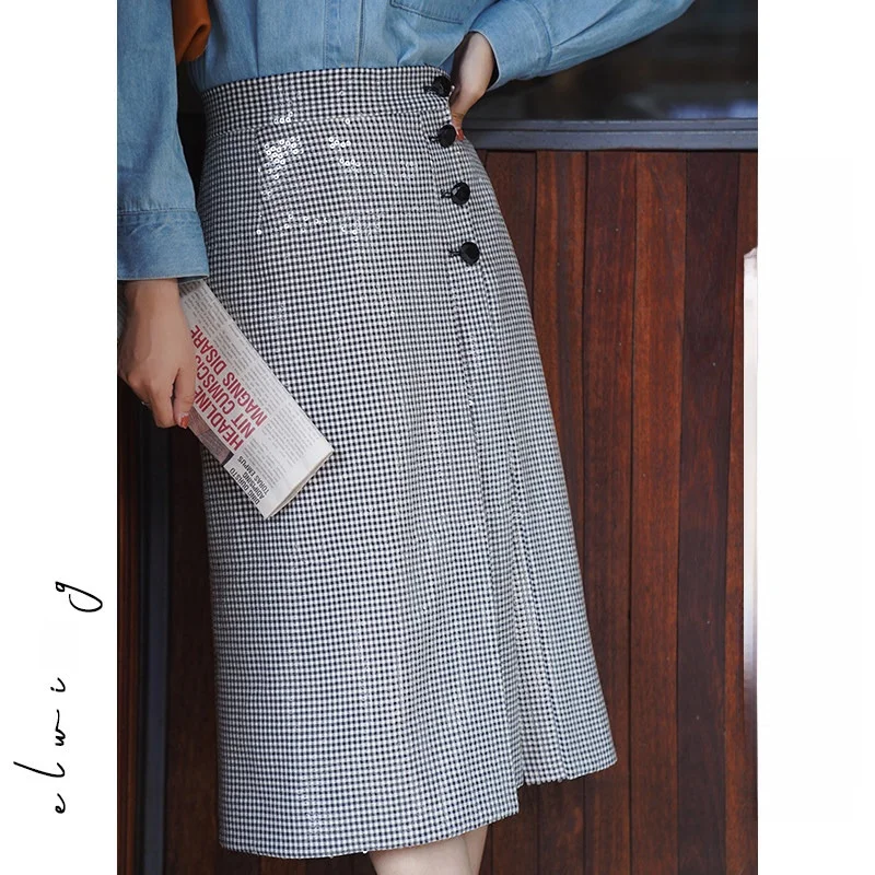 Elwing Original Spring Design Heavy Black White Grid Sequin High Waist Asymmetrical Split Skirt Women's Midi Plaid Skirt
Elwing Original Spring Design Heavy Black White Grid Sequin High Waist Asymmetrical Split Skirt Women's Midi Plaid Skirt