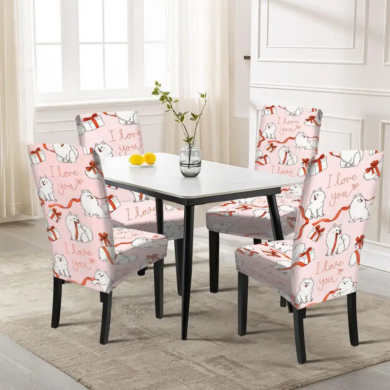 Stretch dining chair cover, white dog and red gift box pattern, for hotel banquet home decoration
Stretch dining chair cover, white dog and red gift box pattern, for hotel banquet home decoration