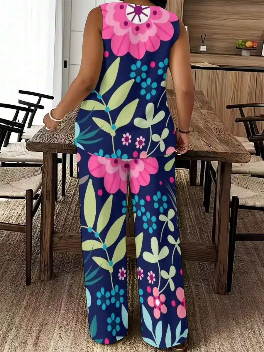 2PCS Women Casual Sleeveless Top And Long Pants With Pink Blue Floral Print On Dark Blue Background
2PCS Women Casual Sleeveless Top And Long Pants With Pink Blue Floral Print On Dark Blue Background