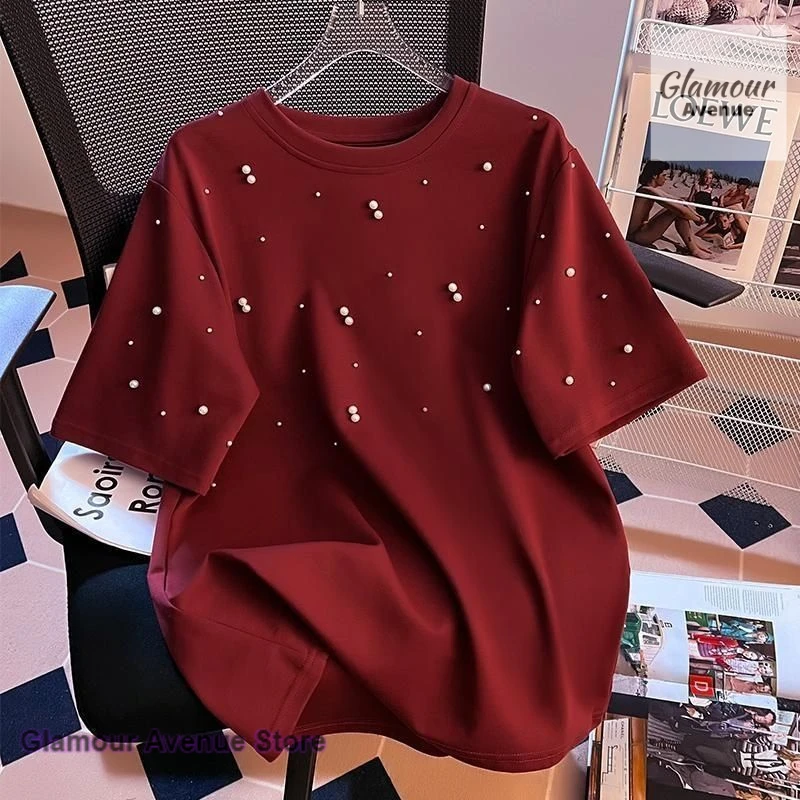 American style red heavy industry beading short-sleeved T-shirt women's summer new design sense niche loose western-style top
American style red heavy industry beading short-sleeved T-shirt women's summer new design sense niche loose western-style top