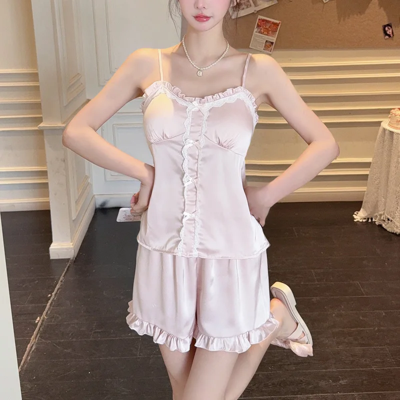 New Ice Silk Pajamas Women's Thin Summer Girl Suspender Shorts Spring and Autumn Sexy Homewear Set
New Ice Silk Pajamas Women's Thin Summer Girl Suspender Shorts Spring and Autumn Sexy Homewear Set