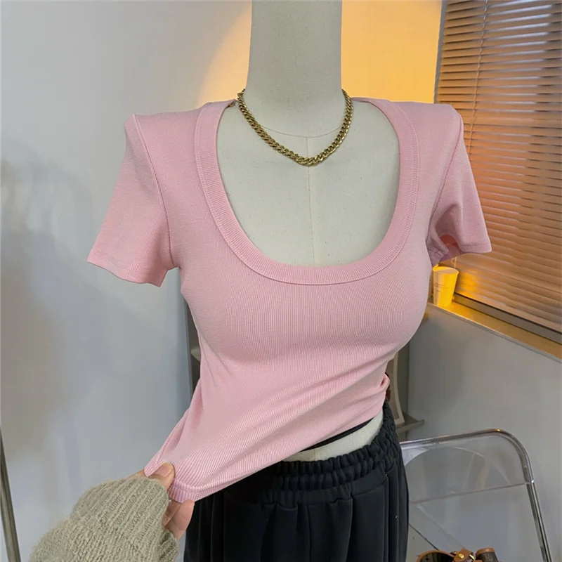 Slim Fit Short Sleeve T-Shirt Women's Base Shirt Short Style Summer New Arrival Candy Color Low U Neck Ribbed Korean Style Top
Slim Fit Short Sleeve T-Shirt Women's Base Shirt Short Style Summer New Arrival Candy Color Low U Neck Ribbed Korean Style Top