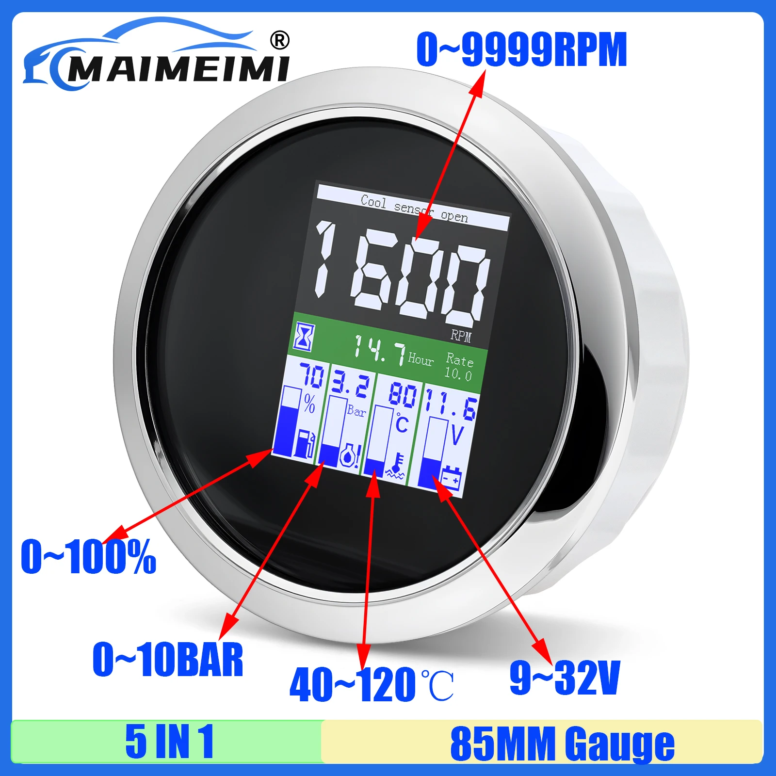 Digital 85MM Gauge Tachometer+Fuel Level+Oil Pressure Meter+Water Temperature+Voltage with Flashing Alarm for Auto Car Boat Yach
Digital 85MM Gauge Tachometer+Fuel Level+Oil Pressure Meter+Water Temperature+Voltage with Flashing Alarm for Auto Car Boat Yach