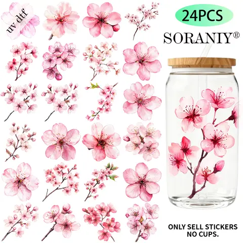 24PCS/Set Watercolor Cherry Blossom Themed UV DTF 16OZ DIY Transfer Paper Set Used For 16oz Water Bottles Glass