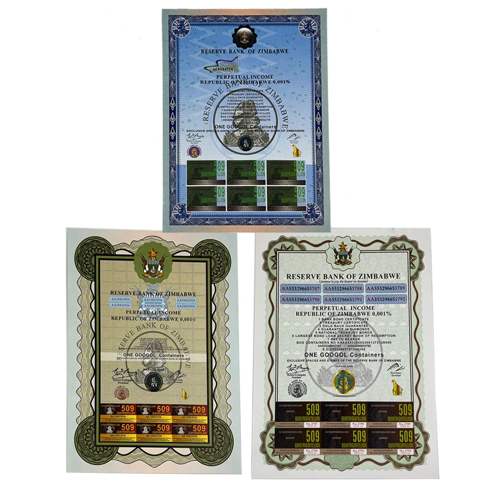 3 designs Zimbabwe One Googol Containers 509 Quintrigintillion Banknote Certificate Banknotes with Serial Number and UV Mark
3 designs Zimbabwe One Googol Containers 509 Quintrigintillion Banknote Certificate Banknotes with Serial Number and UV Mark