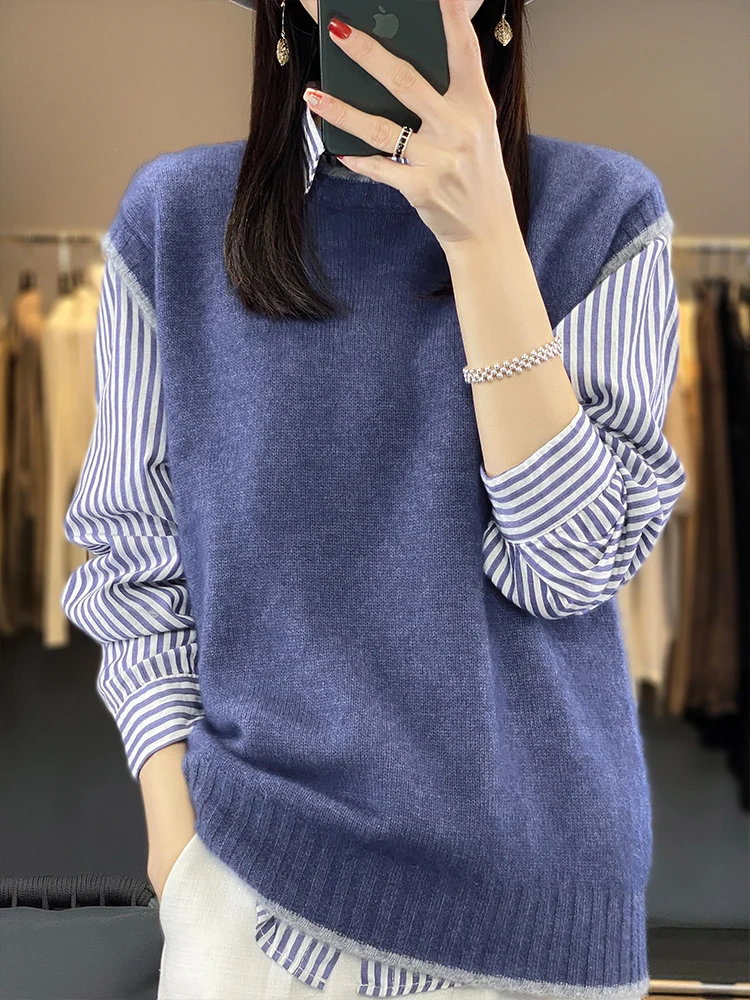 Женский вязаный жилет из 100% чистой шерсти, повседневный, свободного кроя, с круглым вырезом, с цветными блоками и линейным дизайном, удобный для повседневной носки
Женский вязаный жилет из 100% чистой шерсти, повседневный, свободного кроя, с круглым вырезом, с цветными блоками и линейным дизайном, удобный для повседневной носки