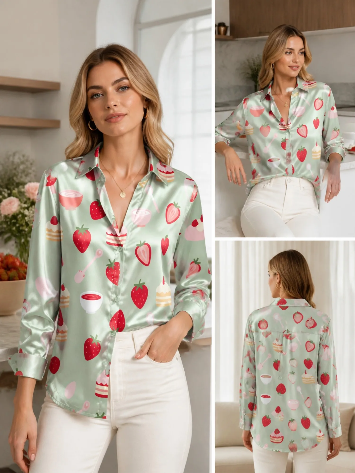 Sage Strawberry Dessert Satin Blouse for Women Long Sleeve Button Down Shirt Cute Kitchen Casual Silky Top
Sage Strawberry Dessert Satin Blouse for Women Long Sleeve Button Down Shirt Cute Kitchen Casual Silky Top