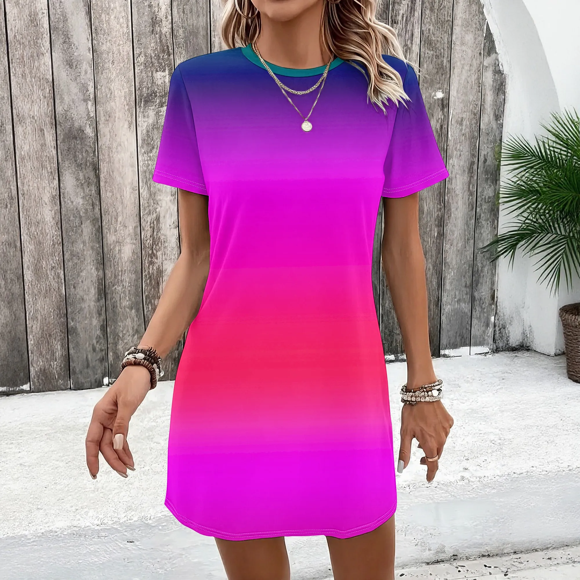 Gradient Print T-Shirt Dress, Ombre Purple to Pink Short Sleeve Casual Wear, Summer Beach Vacation Mini Dress for Women, S-2XL
Gradient Print T-Shirt Dress, Ombre Purple to Pink Short Sleeve Casual Wear, Summer Beach Vacation Mini Dress for Women, S-2XL