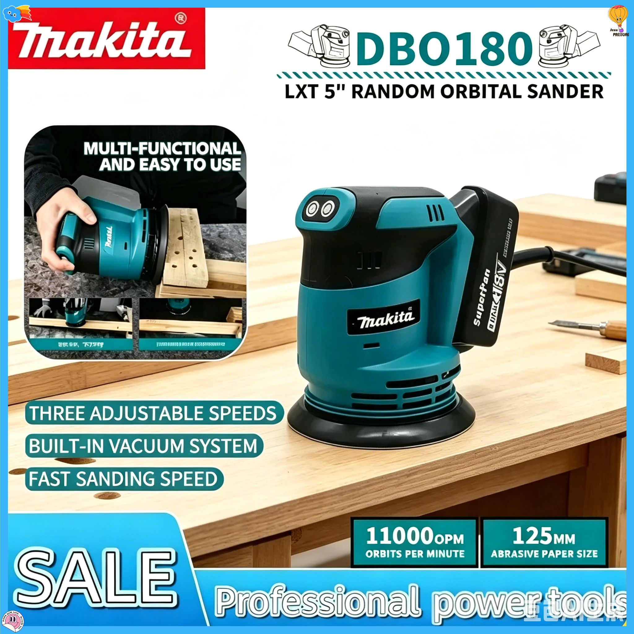 Makita DBO180Z 18V Cordless Random Orbital Sander for Woodworking Putty Polishing Bare Tool for DIY Professional Use
Makita DBO180Z 18V Cordless Random Orbital Sander for Woodworking Putty Polishing Bare Tool for DIY Professional Use