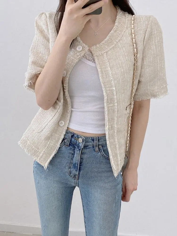 Ele ort Length Tweed Jaet Women's Korean Sle round Ne Svel Outerwear Casual Commute Loose Fit Summer Coat
Ele ort Length Tweed Jaet Women's Korean Sle round Ne Svel Outerwear Casual Commute Loose Fit Summer Coat