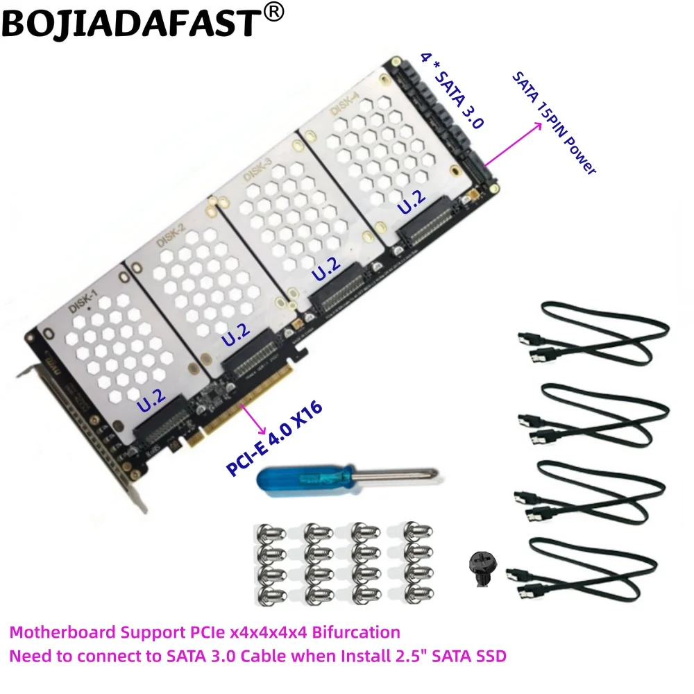 PCI-E 4.0 16X To 4 * SFF-8639 U.2 Adapter Expansion Card For U2 NVME & 2.5" SATA SSD (MB Support PCIe x4x4x4x4 Bifurcation)
PCI-E 4.0 16X To 4 * SFF-8639 U.2 Adapter Expansion Card For U2 NVME & 2.5" SATA SSD (MB Support PCIe x4x4x4x4 Bifurcation)