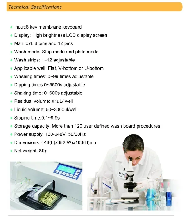 Medical Use Laboratory Equipment Good Price Elisa Washer Clinical Microplate Washer with 5 bottles use for Hospital
Medical Use Laboratory Equipment Good Price Elisa Washer Clinical Microplate Washer with 5 bottles use for Hospital