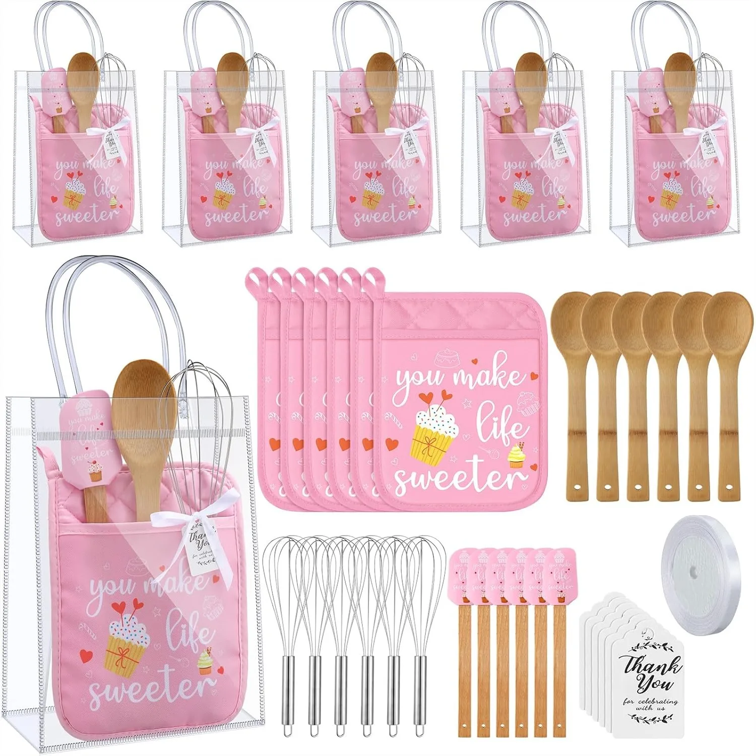Baby Shower Prizes for Game Winners Set - 6 Silicone Spatulas, Bamboo Spoons, Whisk & Pot Holder Gifts for Guests
Baby Shower Prizes for Game Winners Set - 6 Silicone Spatulas, Bamboo Spoons, Whisk & Pot Holder Gifts for Guests