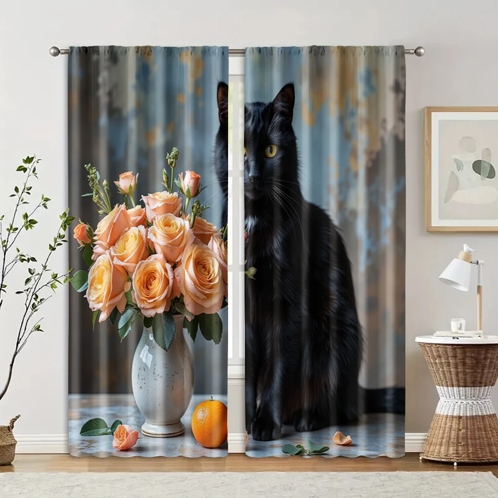 2 pcs, filtering curtains (excluding rods, non-movable, without batteries) Black Cat with Floral Bouquet for use in bedrooms and
2 pcs, filtering curtains (excluding rods, non-movable, without batteries) Black Cat with Floral Bouquet for use in bedrooms and