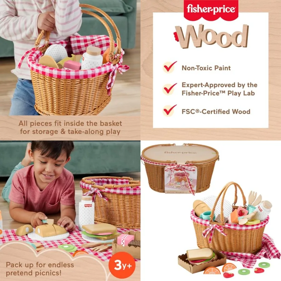 Wood Pretend Play Toy Picnic Basket, 31-Piece Wooden Food Playset for Preschool Ages 3+ Years
Wood Pretend Play Toy Picnic Basket, 31-Piece Wooden Food Playset for Preschool Ages 3+ Years