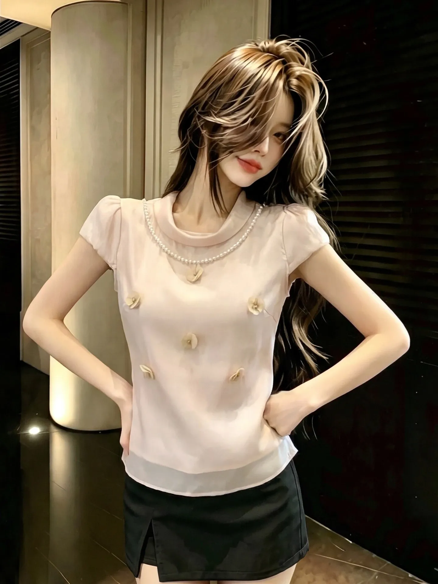 Pink Pearl Chain 3D Flower Summer Shirt Women's Special Design Beautiful Fly Sleeve Top Lace Snowflake Thin Plant Flower
Pink Pearl Chain 3D Flower Summer Shirt Women's Special Design Beautiful Fly Sleeve Top Lace Snowflake Thin Plant Flower