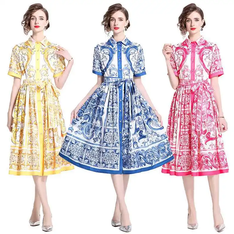 Fashion All-in-one Waist Waist Blue and White Porcelain Print Short-sleeved Single-breasted Cardigan Dress
Fashion All-in-one Waist Waist Blue and White Porcelain Print Short-sleeved Single-breasted Cardigan Dress