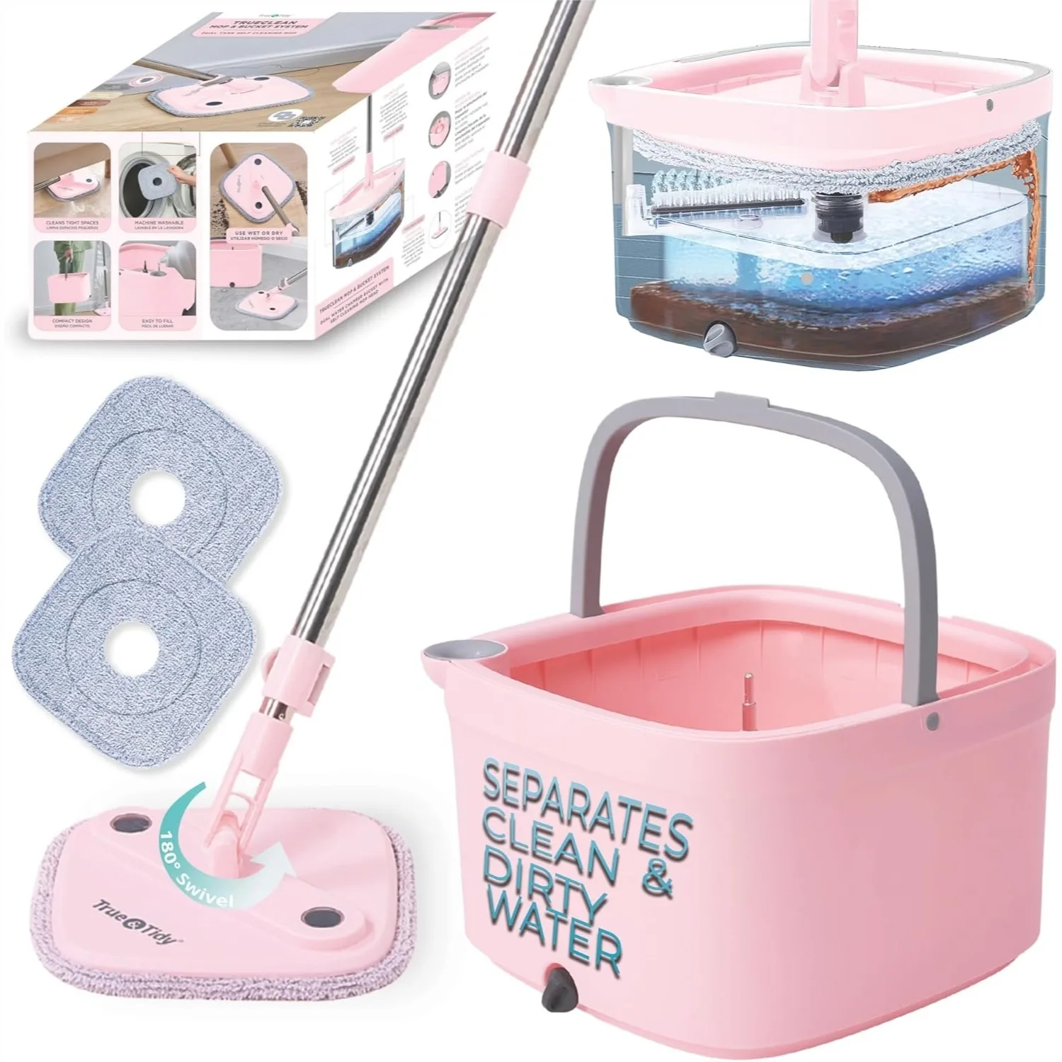 Spin Mop and Bucket System with Dual Compartment, Square Mop Head, Side Brush, Self Standing Handle, 2 Washable Pads, Rose
Spin Mop and Bucket System with Dual Compartment, Square Mop Head, Side Brush, Self Standing Handle, 2 Washable Pads, Rose
