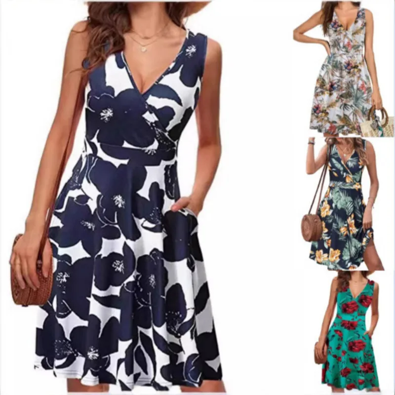 Floral Dresses Women European American Summer Sexy Elegant V-neck Sleeveless Vest Printed Pocket Dinner Vacation Loose Dresses
Floral Dresses Women European American Summer Sexy Elegant V-neck Sleeveless Vest Printed Pocket Dinner Vacation Loose Dresses