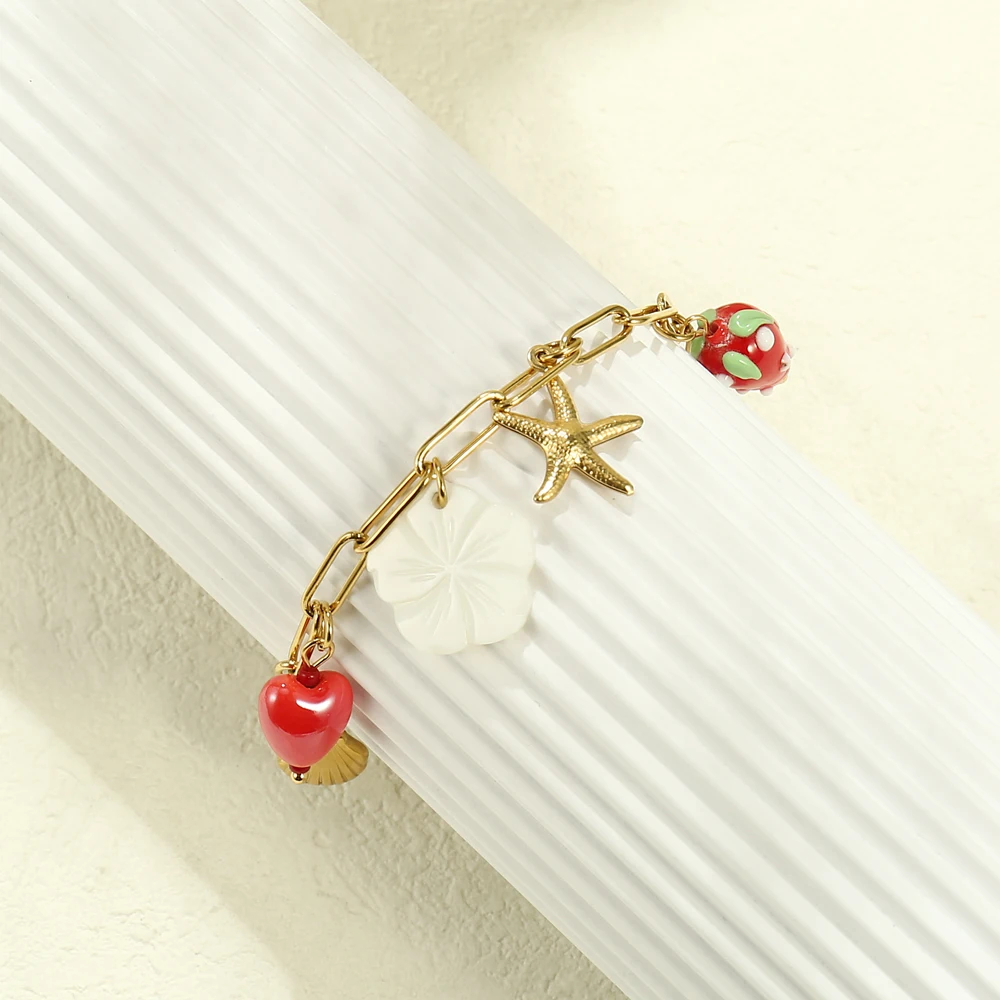 Joya Love Stainless Steel Shells Starfish Pearls Red Hearts Charm Bracelet for Women Girls Hollow Chain Bracelets Jewelry Gift 
Joya Love Stainless Steel Shells Starfish Pearls Red Hearts Charm Bracelet for Women Girls Hollow Chain Bracelets Jewelry Gift