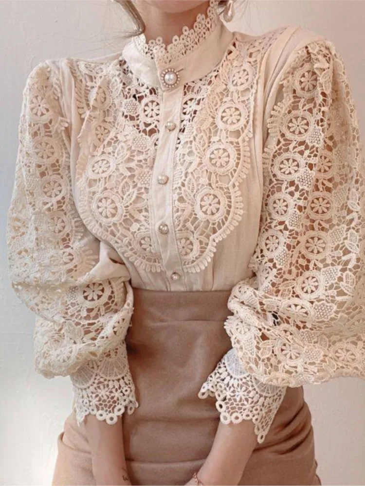 Elegant Lace Shirt Lady Fashion Solid O Neck Long Sleeve Button Top Shirts For Women Casual Office Tops Womens Clothing Spring
Elegant Lace Shirt Lady Fashion Solid O Neck Long Sleeve Button Top Shirts For Women Casual Office Tops Womens Clothing Spring