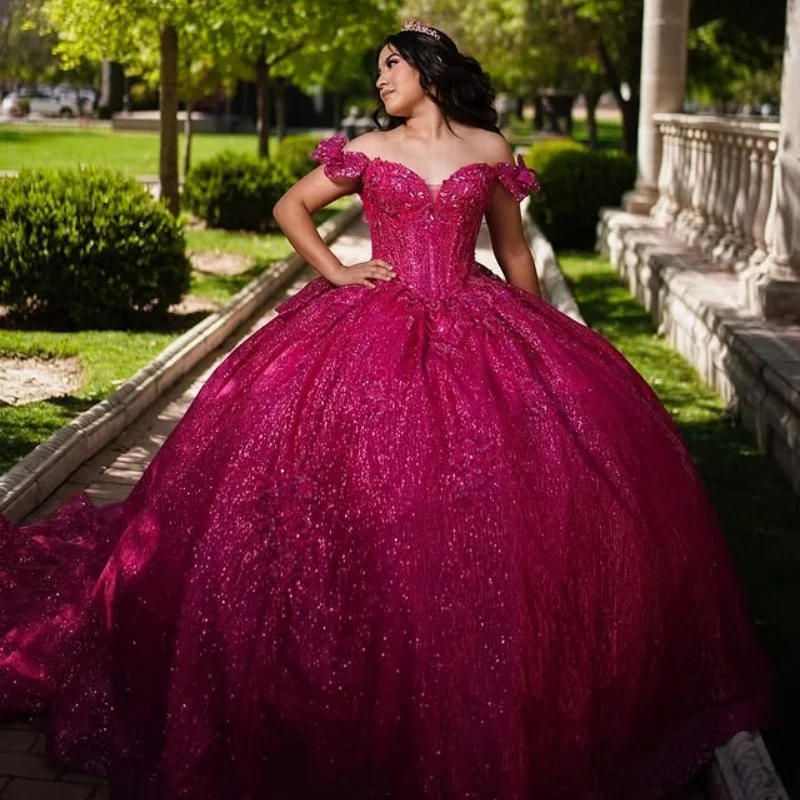 Customized Shiny Rose Red Off Shoulder Quinceanera Dress crystal sequin Tull Lace Long tail Bow vestidos de 15 Quinceanera
Customized Shiny Rose Red Off Shoulder Quinceanera Dress crystal sequin Tull Lace Long tail Bow vestidos de 15 Quinceanera