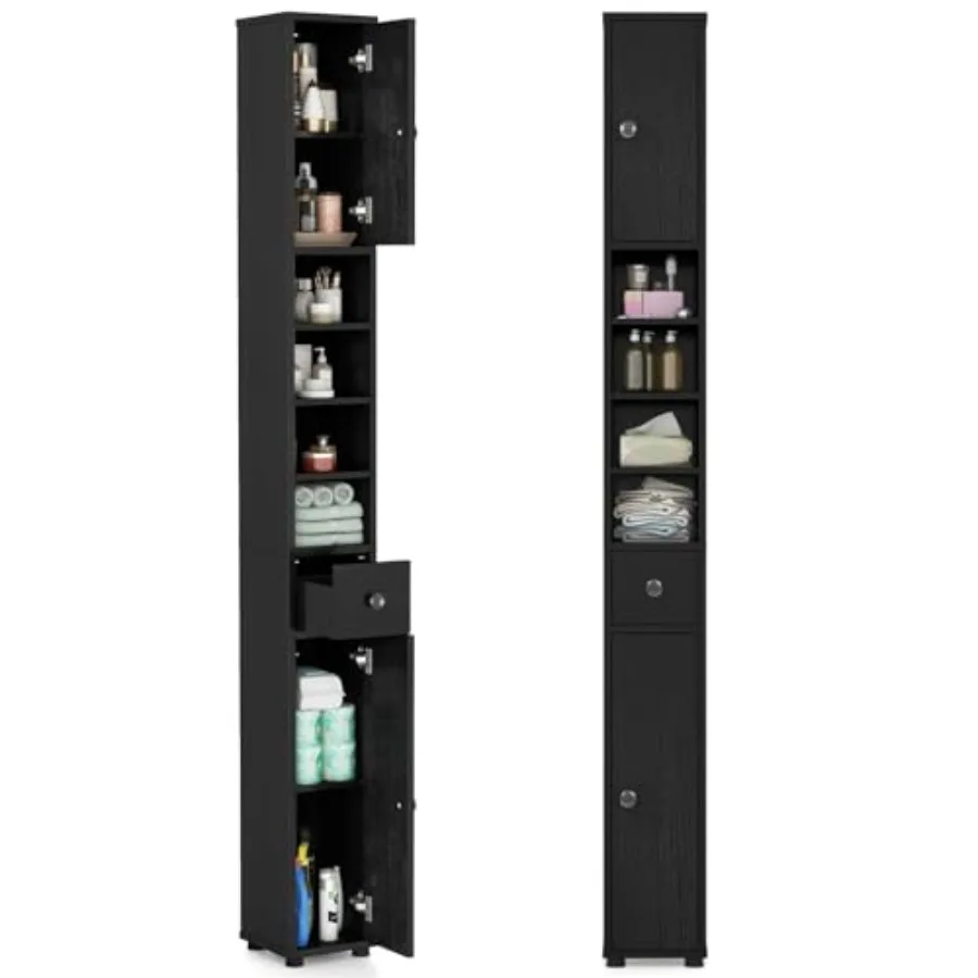 Tall Slim Bathroom Storage Cabinet for Small Spaces: Black MDF Cabinet with 2 Doors 1 Drawer 5 Adjustable Shelves Freestanding
Tall Slim Bathroom Storage Cabinet for Small Spaces: Black MDF Cabinet with 2 Doors 1 Drawer 5 Adjustable Shelves Freestanding
