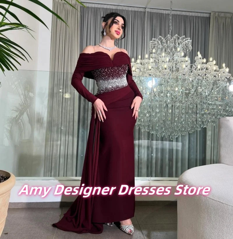 Wine Red Off The Shoulder Evening Dresses Luxury Sequin Crystal Long Mermaid Wedding Party Dress Vestidos De Fiesta Customized
Wine Red Off The Shoulder Evening Dresses Luxury Sequin Crystal Long Mermaid Wedding Party Dress Vestidos De Fiesta Customized
