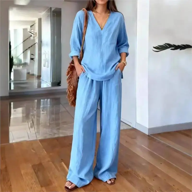 New Women Casual Cotton Linen Two Piece Sets Spring Summer Fashion V-Neck Long-Sleeved Top & Wide-Leg Long Pants Vacation Set
New Women Casual Cotton Linen Two Piece Sets Spring Summer Fashion V-Neck Long-Sleeved Top & Wide-Leg Long Pants Vacation Set