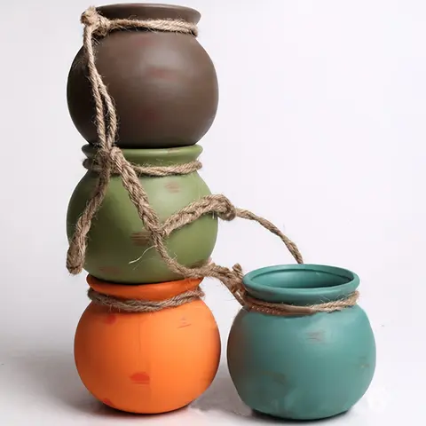 Mini Zakka Hanging Baskets Ceramic Flower Pot Rope Macrame Plant Holder for Succulents Small Creative Wall Decor