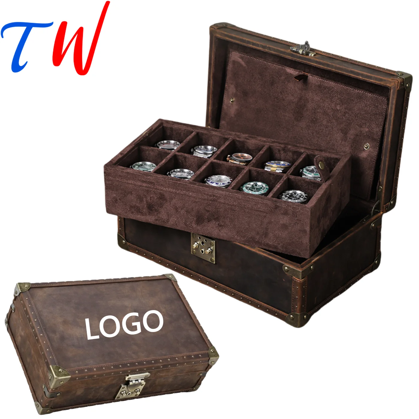 Custom Logo Vintage Rivet Leather Watch Box Genuine Leather Case with Antique Lock & Velvet Lining Retro Storage Case for Watch
Custom Logo Vintage Rivet Leather Watch Box Genuine Leather Case with Antique Lock & Velvet Lining Retro Storage Case for Watch
