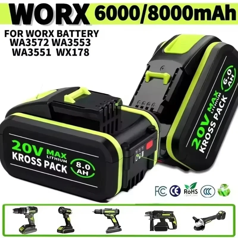 Latest CE certification Worx 20V 8.0Ah lithium-ion battery WA3553/WA3551/WA3572/WX390/WX178 compatible with drill bit battery
Latest CE certification Worx 20V 8.0Ah lithium-ion battery WA3553/WA3551/WA3572/WX390/WX178 compatible with drill bit battery