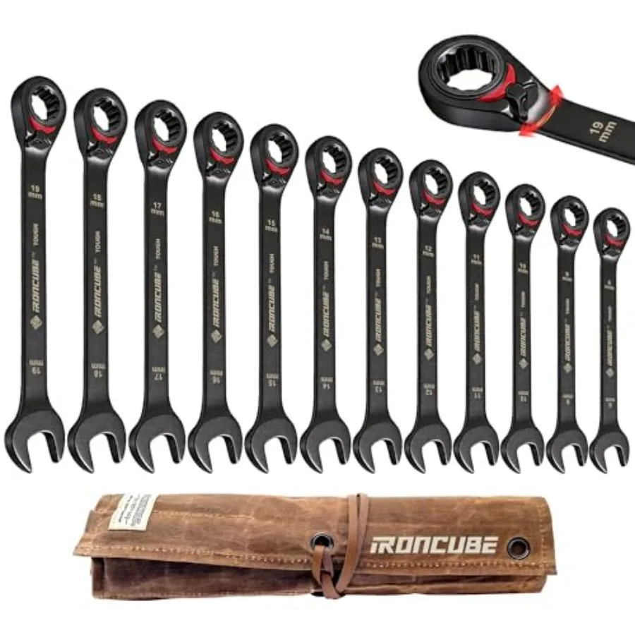 Reversible Ratcheting Wrench Set: 12-Piece Metric 8-19mm - Tough Black - Wax Canvas Storage Bag - Automotive and Motorcycle Rep
Reversible Ratcheting Wrench Set: 12-Piece Metric 8-19mm - Tough Black - Wax Canvas Storage Bag - Automotive and Motorcycle Rep