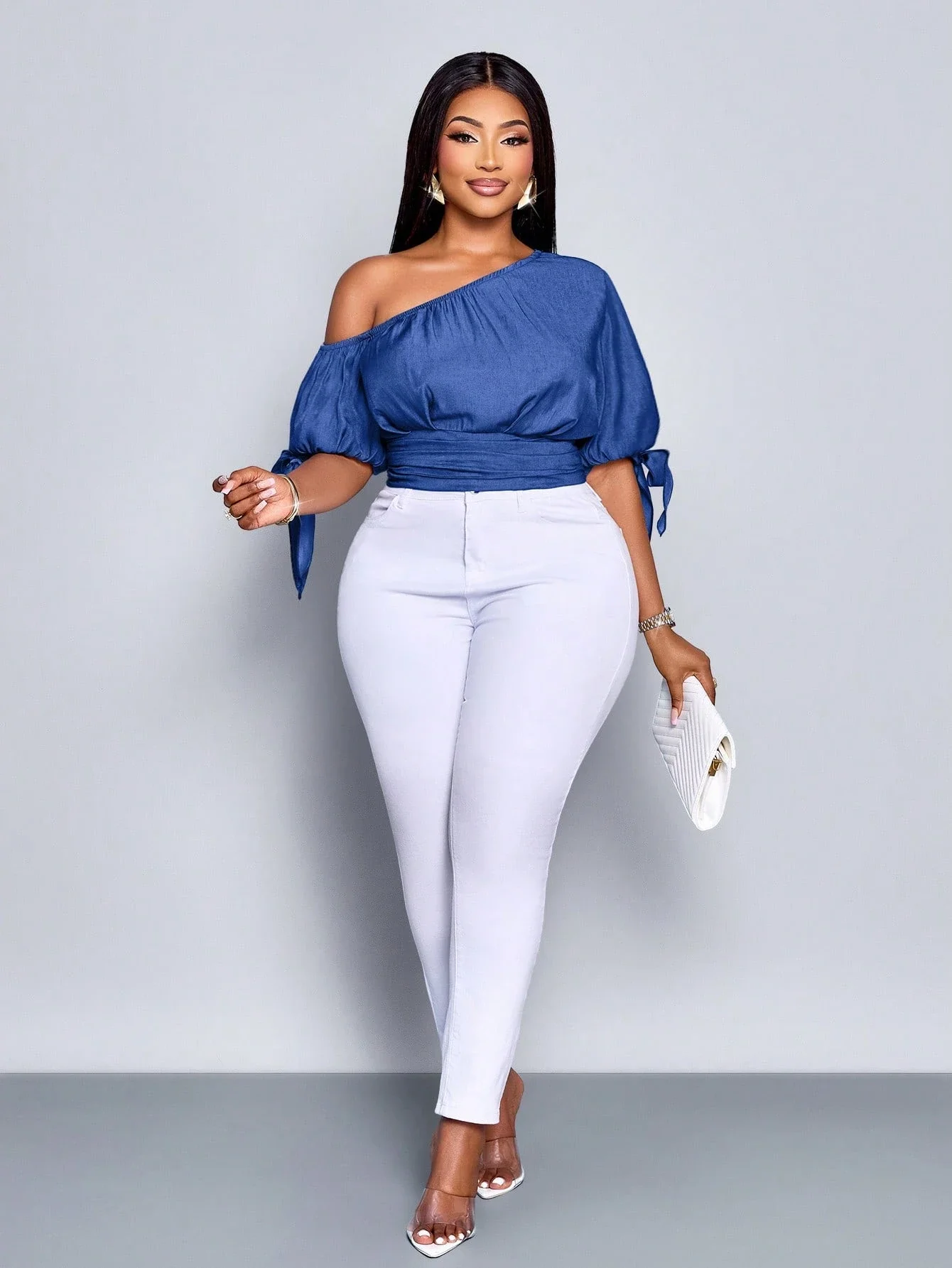 Plus Size Asymmetrical Off Shoulder Bubble Sleeve Denim Top With Bowknot
Plus Size Asymmetrical Off Shoulder Bubble Sleeve Denim Top With Bowknot