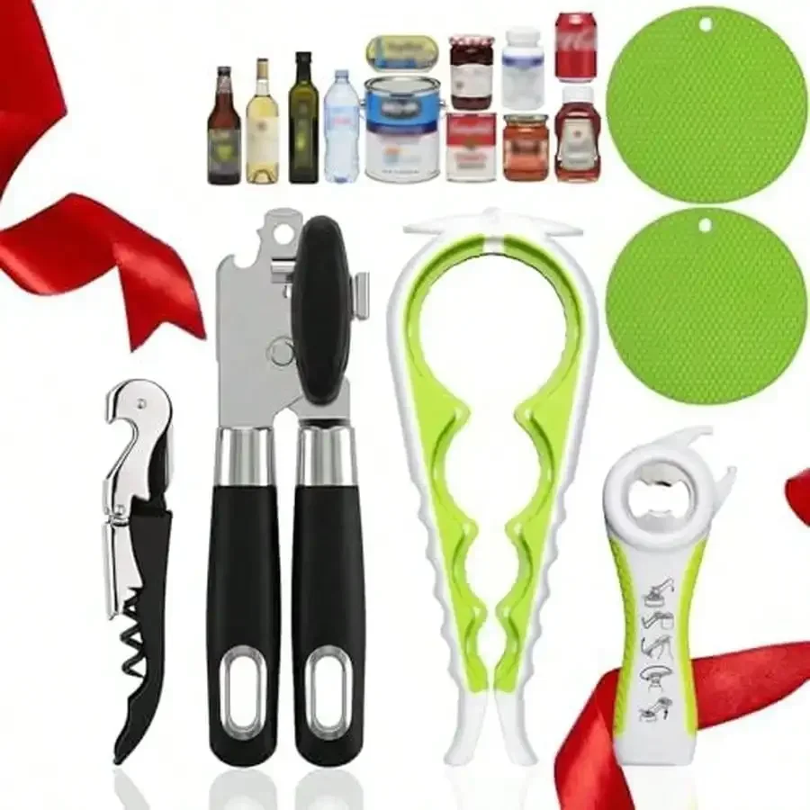 Openers Bundle - 6-Piece Openers Set For Weak Hands - Heavy Duty Stainless Steel Manual Can Opener, 5-In-1 Bottle Opener, Corkscrew & Silicone Grippers - Kitchen Gadgets For Seniors & Arthritis
Openers Bundle - 6-Piece Openers Set For Weak Hands - Heavy Duty Stainless Steel Manual Can Opener, 5-In-1 Bottle Opener, Corkscrew & Silicone Grippers - Kitchen Gadgets For Seniors & Arthritis