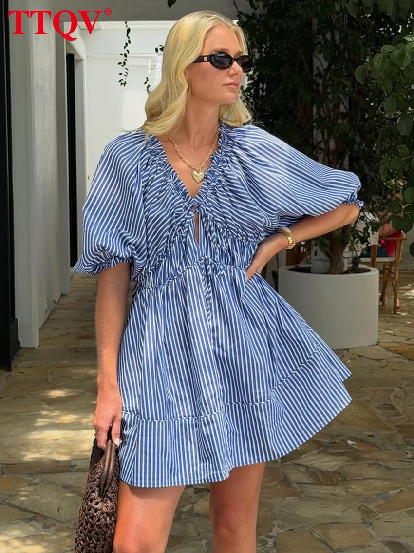 TTQV Fashion Loose Stripe Print Women's Dress 2026 Sexy V-Neck Short Sleeve Mini Dresses Elegant Classic Lace-Up Female Dress
TTQV Fashion Loose Stripe Print Women's Dress 2026 Sexy V-Neck Short Sleeve Mini Dresses Elegant Classic Lace-Up Female Dress