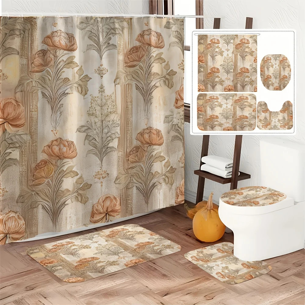 4pc Beige and orange retro patterned bathroom set, shower curtain, U-shaped mat, non-slip mat, toilet seat cover.
4pc Beige and orange retro patterned bathroom set, shower curtain, U-shaped mat, non-slip mat, toilet seat cover.