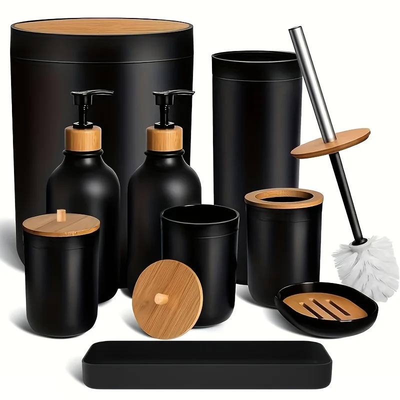 Matte Black 9-Piece Bathroom Accessory Set – Includes Trash Can, Soap Dispenser, Toothbrush Holder, Soap Dish, Cotton Swab Holder & Toilet Brush Holder for Coordinated Style
Matte Black 9-Piece Bathroom Accessory Set – Includes Trash Can, Soap Dispenser, Toothbrush Holder, Soap Dish, Cotton Swab Holder & Toilet Brush Holder for Coordinated Style